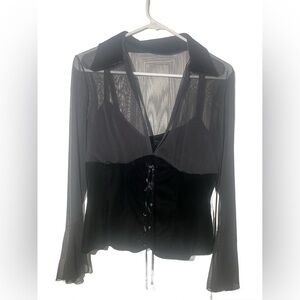 Black 2pc set / Sheer Long Sleeve Top with Lace-Up Details